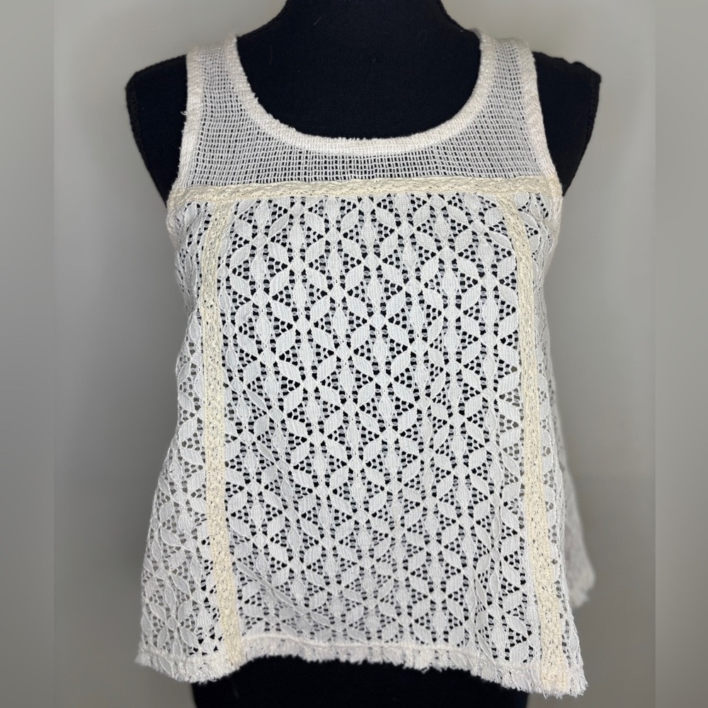 Free People sheer crocheted cropped cream boho top size L
